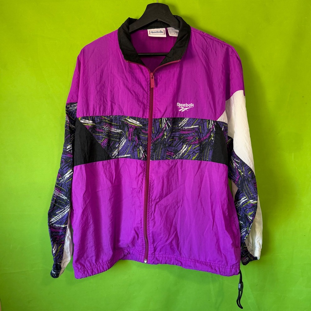 Vintage Reebok Windbreaker Jacket Purple Graphic Pattern Full Zip 90s Small